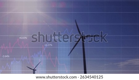 Image of financial data and graph over landscape with wind turbines. Ecology, green energy, eco power, finance and economy concept digitally generated image.