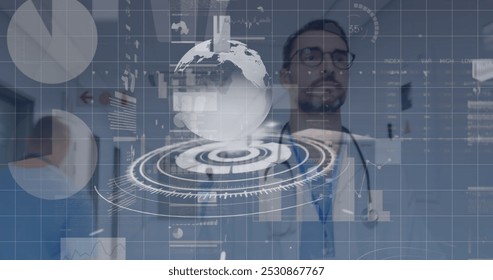 Image of financial data and graphs with globe over caucasian male doctor. Health, medicine, finance and economy concept digitally generated image. - Powered by Shutterstock - Get 15% off with code: PIKWIZARD15