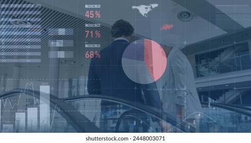 Image of financial data and graphs over diverse businesspeople talking on escalator. business, finance, economy and technology concept digitally generated image. - Powered by Shutterstock