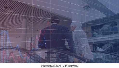 Image of financial data and graphs over back view of diverse businesspeople on escalator. business, finance, economy and technology concept digitally generated image. - Powered by Shutterstock