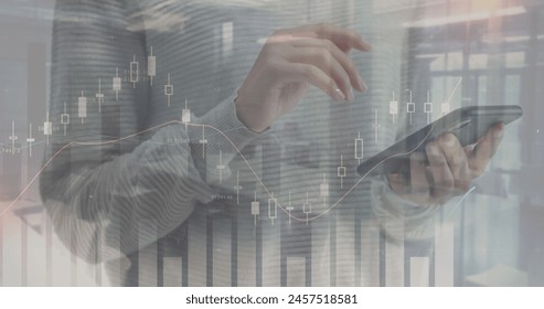 Image of financial data and graphs over hands of caucasian woman using smartphone. finance, economy, communication and technology concept digitally generated image.