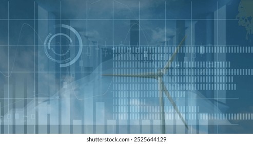 Image of financial data and graphs over landscape with wind turbines, copy space. environment, sustainability, ecology, renewable energy concept digitally generated image - Powered by Shutterstock