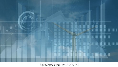 Image of financial data and graphs over landscape with wind turbines, copy space. environment, sustainability, ecology, renewable energy concept digitally generated image