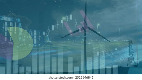 Image of financial data and graphs over wind turbines and road traffic, copy space. environment, sustainability, ecology, renewable energy and transport concept digitally generated image - Powered by Shutterstock