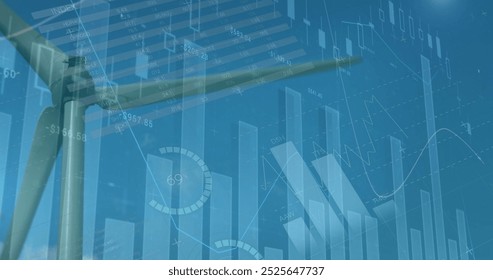 Image of financial data and graphs over landscape with wind turbines, copy space. environment, sustainability, ecology, renewable energy concept digitally generated image
