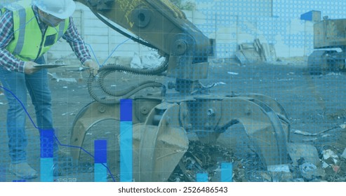 Image of financial data and graphs over caucasian male worker and machines on junkyard. economy, finance, recycling and waste utilization concept digitally generated image. - Powered by Shutterstock