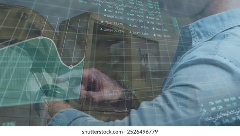 Image of financial data and graphs over midsection of caucasian businessman using smartwatch. economy, finance, recycling and waste utilization concept digitally generated image. - Powered by Shutterstock