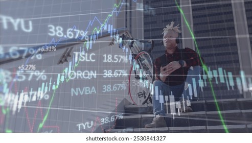 Image of financial data and graphs over african american albino man with bike. Global business, city life, finance and economy concept digitally generated image. - Powered by Shutterstock