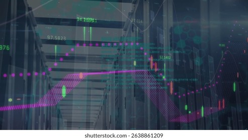 Image of financial data and graphs over servers. Network, finance, data processing and technology concept digitally generated image.