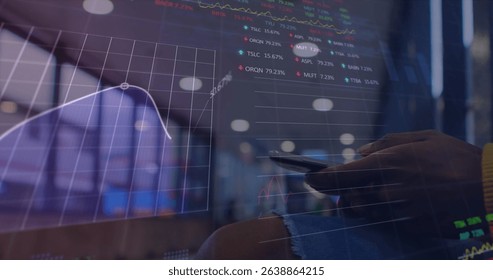 Image of financial data and graphs over hands of caucasian man using smartphone. Finance, economy, communication and technology concept digitally generated image.