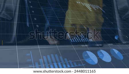 Image of financial data and graphs over feet of diverse businesspeople. business, finance, economy and technology concept digitally generated image.