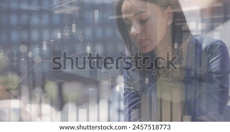 Image of financial data and graphs over hands of caucasian woman using smartphone. finance, economy, communication and technology concept digitally generated image.