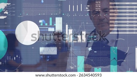 Image of financial data and graphs over happy caucasian senior male doctor. Health, medicine, finance and economy concept digitally generated image.