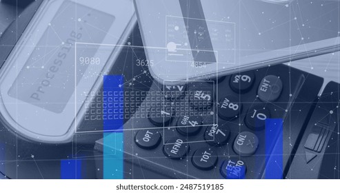 Image of financial data, graphs processing on digital interface against credit card reader. Digital composite, artificial intelligence, communication, technology, shopping, economy. - Powered by Shutterstock - Get 15% off with code: PIKWIZARD15