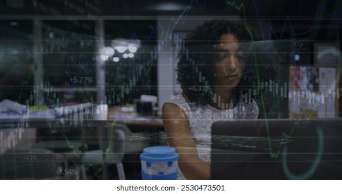 Image of financial data over biracial businesswoman working on laptop in office. economy, finance, business and technology concept digitally generated image. - Powered by Shutterstock