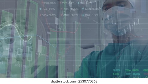 Image of financial data over biracial male surgeons cleaning hands. Health, medicine, finance and economy concept digitally generated image. - Powered by Shutterstock