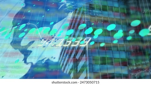 Image of financial data over buildings and world map. Global finance, economy, data processing, network and technology concept digitally generated image.