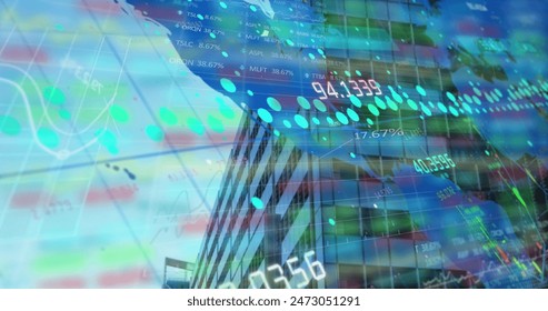 Image of financial data over buildings and world map. Global finance, economy, data processing, network and technology concept digitally generated image.