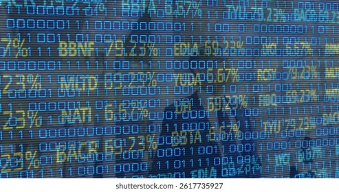 Image of financial data over businesspeople and binary code. business, finance, technology and digital interface concept digitally generated image.