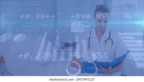 Image of financial data over caucasian female doctor making notes. health, medical profession, finance and economy concept digitally generated image. - Powered by Shutterstock