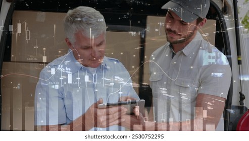 Image of financial data over caucasian male courier and warehouse worker. business, finance and delivery services concept digitally generated image. - Powered by Shutterstock