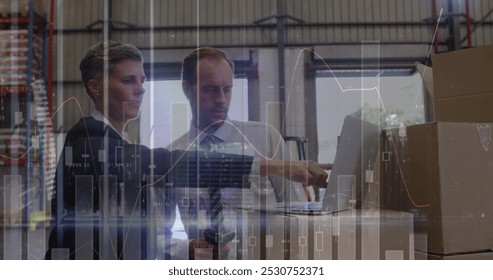 Image of financial data over caucasian male and female warehouse workers. business, finance and delivery services concept digitally generated image. - Powered by Shutterstock