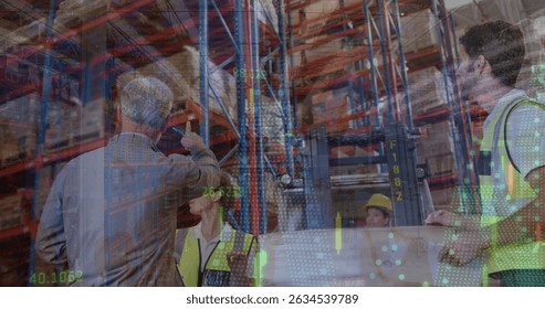 Image of financial data over caucasian male warehouse workers. Business, finance, technology and delivery services concept digitally generated image.