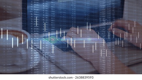 Image of financial data over caucasian woman using laptop. Global business, data processing and digital interface concept digitally generated image.