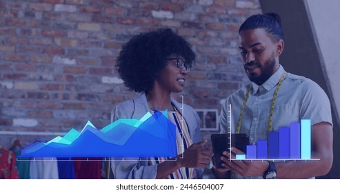 Image of financial data over diverse male and female fashion designers using technology. global networks, business and connections concept digitally generated image. - Powered by Shutterstock