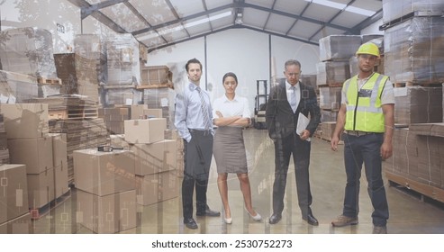 Image of financial data over diverse male and female warehouse workers. business, finance and delivery services concept digitally generated image. - Powered by Shutterstock