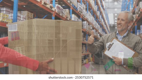 Image of financial data over diverse male warehouse workers. business, finance and delivery services concept digitally generated image. - Powered by Shutterstock