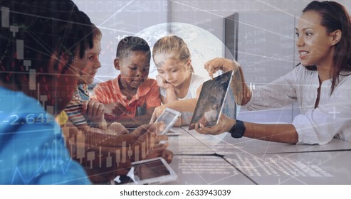 Image of financial data over diverse female teacher and diverse female school kids using electronic devices. Global business data processing digital interface and technology concept digitally