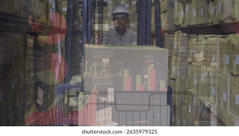 Image of financial data over male warehouse worker. Business, finance, technology and delivery services concept digitally generated image.