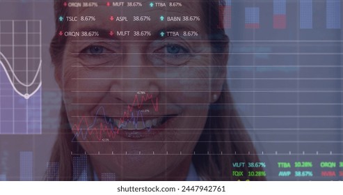 Image of financial data over midsection of senior caucasian female doctor. finance, economy, medicine, health and technology concept digitally generated image. - Powered by Shutterstock