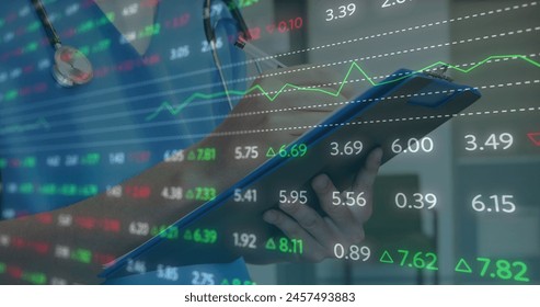 Image of financial data over midsection of caucasian male doctor making notes. health, medical profession, finance and economy concept digitally generated image. - Powered by Shutterstock - Get 15% off with code: PIKWIZARD15