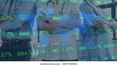 Image of financial data over midsection of caucasian female and male doctors. Medicine, health, finance and economy concept digitally generated image.