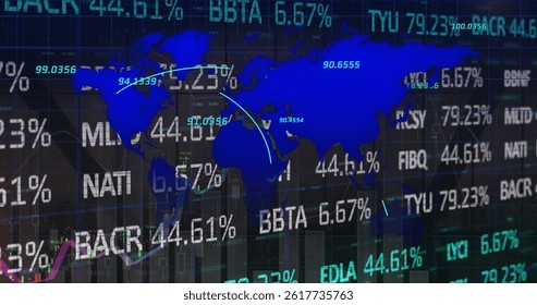 Image of financial data over world map on black background. business, finance, technology and digital interface concept digitally generated image.