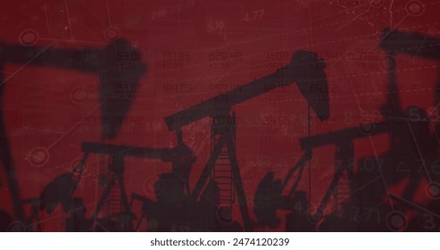 Image of financial data processing against construction site against grunge red background. Global economy and architectural engineering concept - Powered by Shutterstock