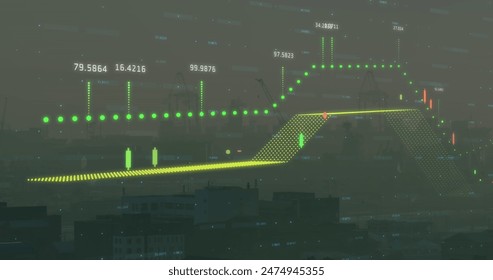Image of financial data processing against aerial view of cityscape. Global finance and business technology concept