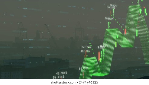 Image of financial data processing against aerial view of cityscape. Global finance and business technology concept