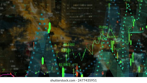 Image of financial data processing against aerial view of cityscape at night. Global finance and business technology concept