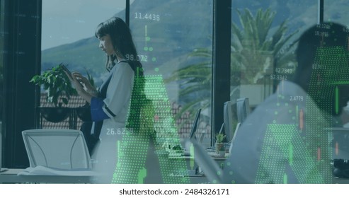 Image of financial data processing against caucasian woman using digital tablet at office. Global finance and business technology concept