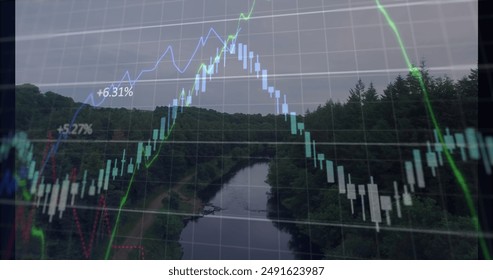 Image of financial data processing against aerial view of river and forest. Global finance and business technology concept