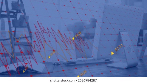 Image of financial data processing against close up of a desk at office. Global finance and business technology concept