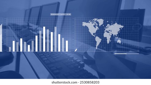 Image of financial data processing against computers on office desks. Global economy and business technology concept