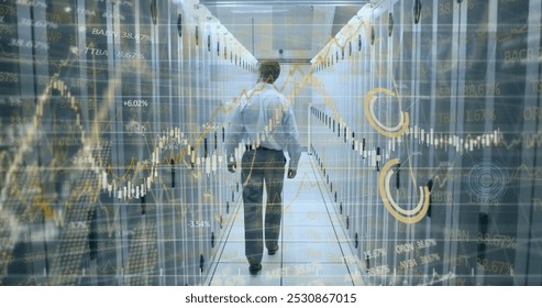 Image of financial data processing against caucasian male engineer walking in server room. Computer interface and business data storage technology concept