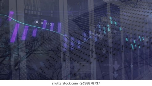 Image of financial data processing against empty computer server room. Global finance and business data storage technology concept