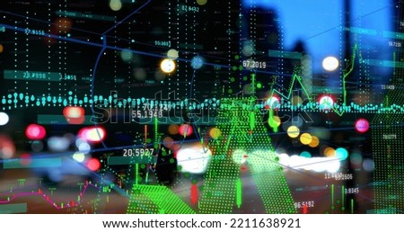 Image of financial data processing against night city traffic. Global finance and business technology concept