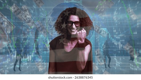 Image of financial data processing and american dollar bills over caucasian super hero woman. Business, finance and data processing concept digitally generated image.