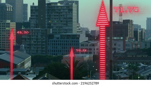 Image of financial data processing with arrows over cityscape. Global business, finances and digital interface concept digitally generated image.